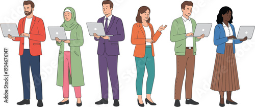 Vector set of diverse professionals using laptops including a woman in a hijab and businessman in a purple suit