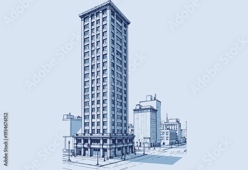 Illustrated View of a Tall Urban Skyscraper in a Cityscape Setting with Architectural Details and Surrounding Buildings