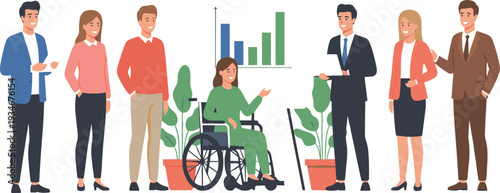 Flat vector illustration of a diverse professional team featuring a woman in a wheelchair and a man presenting data analytics