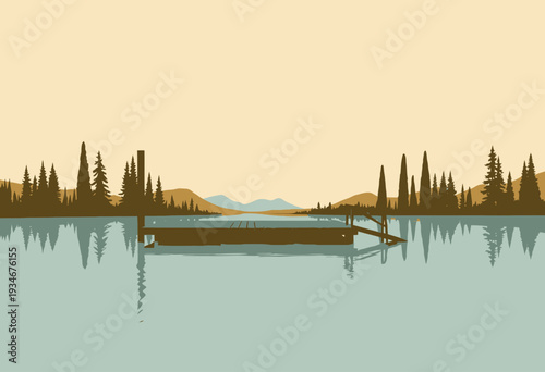 Serene Lakeside Pier Stretching over Reflective Water with Forested Hills and Calm Horizon under Soft Sky