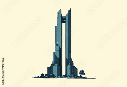 Futuristic Skyscraper Towering over Minimalist Cityscape with Unique Architectural Design and Surrounding Low-rise Structures