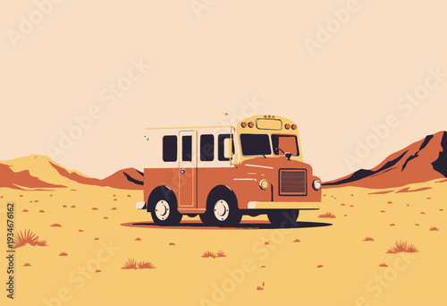 Vintage Orange Bus Parked in a Serene Desert Landscape with Rolling Sand Dunes and Distant Mountains Under a Clear Blue Sky