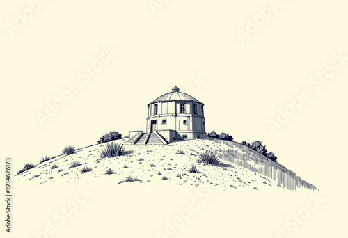 Illustration of a Solitary Round Building on a Gentle Hill Surrounded by Sparse Vegetation Under a Clear Sky
