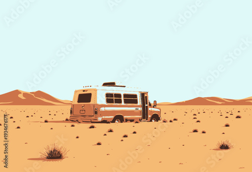 Retro Camper Van Stuck in Desolate Desert with Expansive Sand Dunes Under Clear Blue Sky