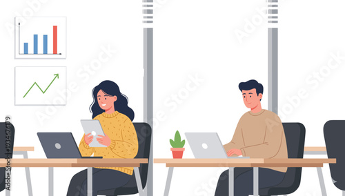 Flat vector illustration of a modern coworking space featuring professionals working on laptops with analytical charts and data graphs