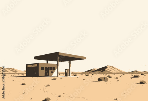 Abandoned gas station in a vast desert landscape with sandy dunes and dramatic sky, highlighting the contrast between man-made structures and natural surroundings