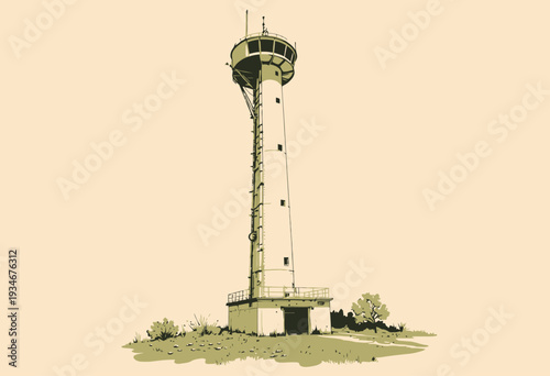 Tall observation tower amidst a grassy landscape, featuring a cylindrical white structure with an elevated viewing platform and antennas