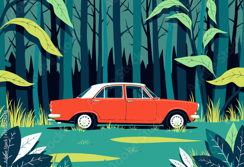 Classic Red Car Parked in Enchanting Forest Surrounded by Tall Trees and Lush Greenery Under the Canopy of a Calm and Serene Environment