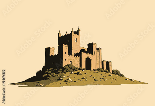 Majestic Medieval Castle on Hill Surrounded by Lush Greenery under Clear Blue Sky Showcasing Architectural Elegance and Historical Grandeur