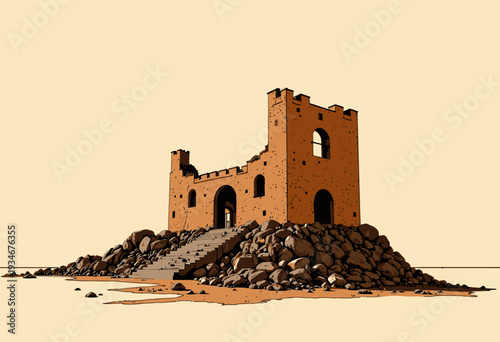 Solitary Ancient Castle Ruins on Rocky Hilltop Surrounded by Vast Open Landscape and Clear Sky Horizon