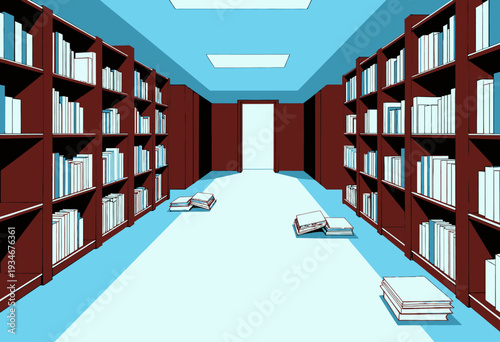 Spacious Library Interior with Endless Bookshelves and Scattered Books in a Brightly Lit Minimalist Setting