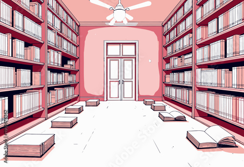Serene Library Room with Neatly Arranged Books, Open Volumes, and Calm Atmosphere Illuminated by Ceiling Fan Light in a Charming and Organized Space