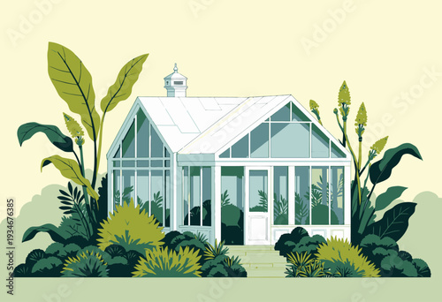Illustration of a Lush Botanical Greenhouse Surrounded by Verdant Foliage and Blossoming Flora Against a Soft Yellow Background