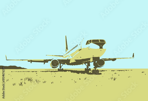 Passenger airplane parked on a dry, grass-covered airstrip against clear blue sky with mountain silhouette in the background.