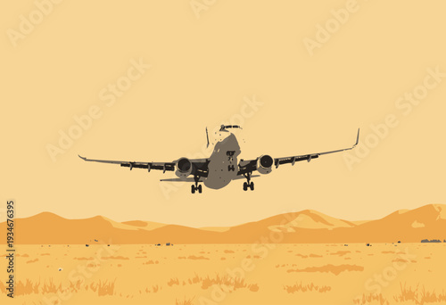 Commercial Aircraft Landing in Desert Landscape with Clear Skies and Distant Mountains Under Golden Hour Light