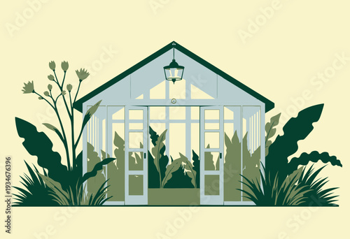 Serene Tropical Greenhouse with Lush Foliage and Glass Doors Set Against a Soft Yellow Background for a Tranquil Botanical Retreat