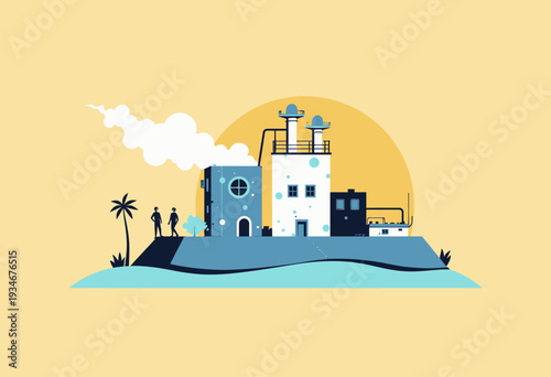 Modern Factory with Smokestacks and Sunset Silhouette on Small Island Landscape