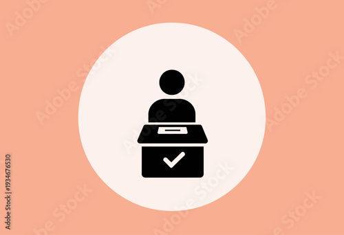 Illustration of a person casting a vote at a ballot box symbolizing the process of voting and the act of participation in democratic elections represented in black silhouettes