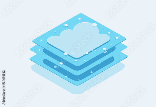 Abstract Illustration of Layered Blue Glass Panels with Cloud Motif and Floating Spheres on Gradient Background