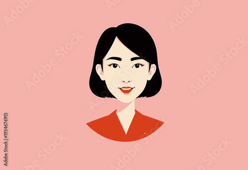 Illustration of a smiling woman with short black hair wearing an orange patterned outfit against a plain pink background, highlighting simplicity and elegance