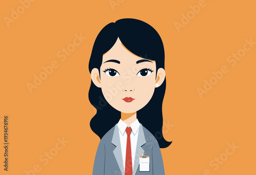 Illustration of a Professional Woman in Business Attire with Black Hair and an Orange Background Showing Confident Expression and Formal Suit