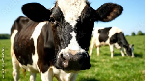 Close-up 4k video footage of brown and white dairy cow grazing in lush green pasture, cinematic motion