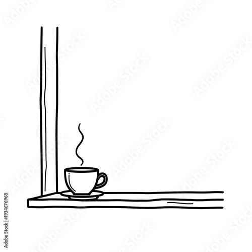 Simple line drawing of a steaming cup on a windowsill  