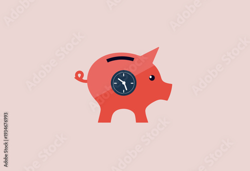 Illustration of a Red Piggy Bank with Built-In Analog Clock Representing Time Management and Financial Saving Concepts