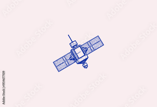 Detailed blueprint-style illustration of a satellite with solar panels and antennas against a minimalistic background, emphasizing space technology and communication design.
