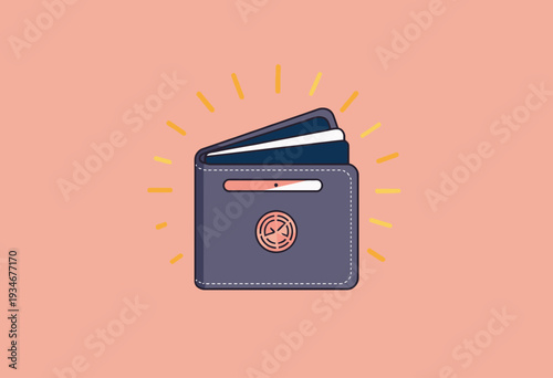 Illustration of a leather wallet with a geometric emblem, two credit cards peeking out, set against a light coral background with radiating lines