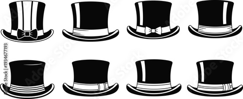 Set of Black Top Hat Vector Icons with Bow Ties and Ribbons, Elegant Gentleman Headwear Silhouettes for Magic, Wedding, and Formal Design