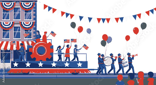 Patriotic parade float with people celebrating american flags balloons and bunting