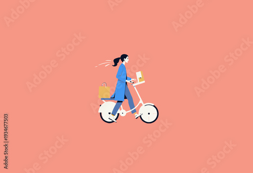 Minimalistic illustration of a person in blue riding a white bicycle against a plain pink background, carrying shopping bags and looking forward