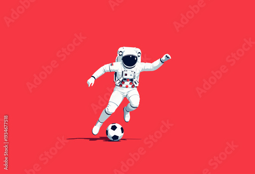 Astronaut Dribbling a Soccer Ball in Space-Themed Artwork on Bold Red Background, Showcasing the Fusion of Space Exploration and Sports in a Surreal Scene