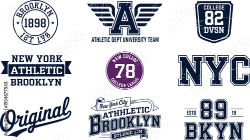 Vintage Distressed NYC Athletic and University Team Badge Collection with Brooklyn Navy and Purple Collegiate Typography for Apparel Branding