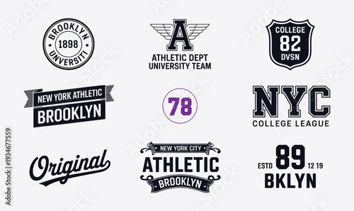 Vintage NYC Athletic and University Team Badge Collection with Brooklyn Original Collegiate Typography for Apparel and Sportswear Branding