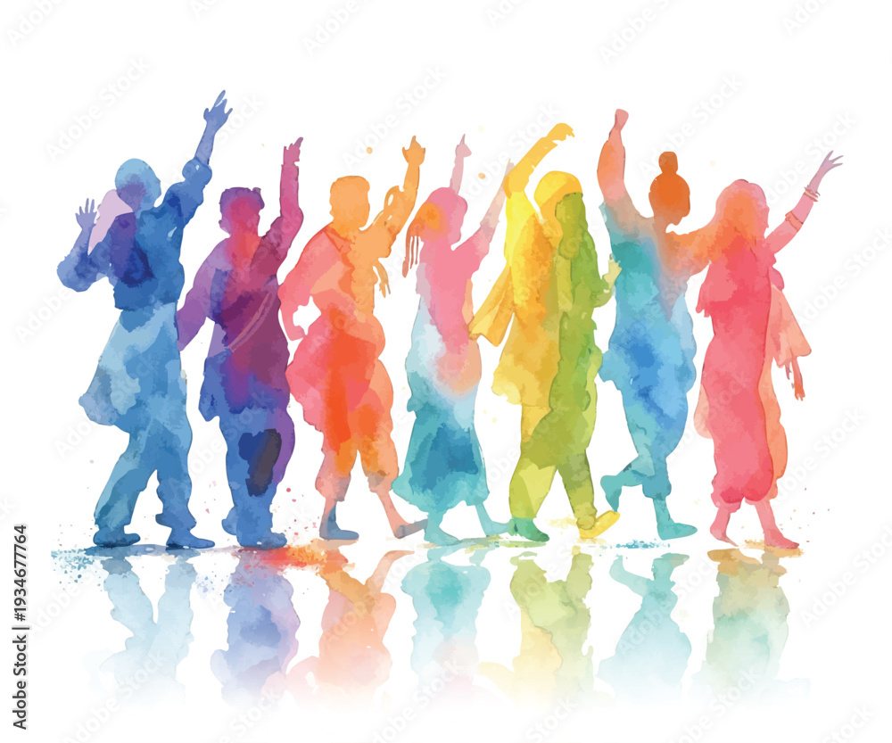 Naklejka premium Colorful Dancing People Watercolor Illustration for Holi Festival of Colors Celebration