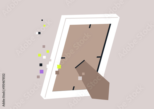  a fabricated human memory inside a sleek photo frame, where flying pixels assemble into an image of a moment that never truly happened, blurring the line between remembrance and invention