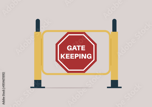 Bright red stop sign boldly declares gate keeping in a bustling location, surrounded by yellow barriers, ensuring safety and directing movement amid daily activities.