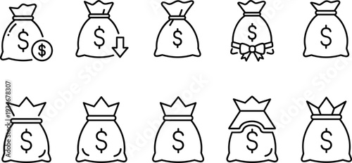 Set of money bag icons in thin line style for finance, profit, savings, investment, budget, banking, and business cash concept.