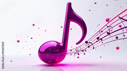  Large purple 3D musical note on white background with floating notes and staff Concept of music, creativity and artistic expression