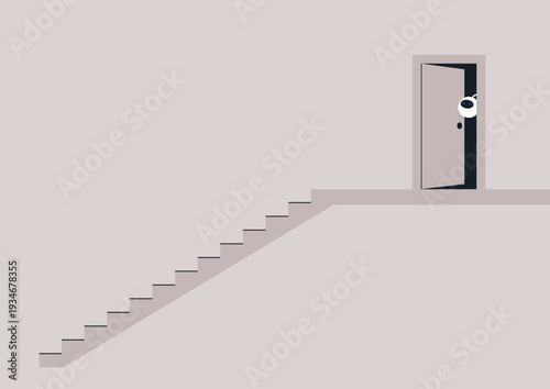 Robots walks out an open door, its eyes wide with curiosity, as they explore their surroundings in a vast space