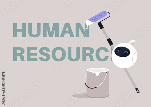A determined robot paints over the Human in the HR sign, symbolically replacing people and hinting at automation quietly taking over the human resources department