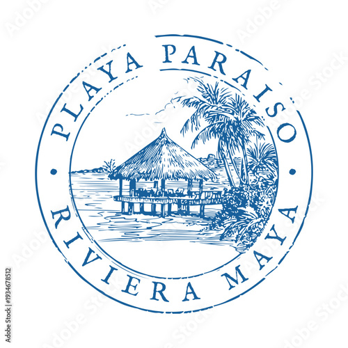 Vintage Playa Paraiso Mexico badge featuring iconic leaning palms and turquoise caribbean waters
