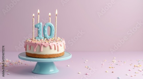 10th year birthday cake on isolated colorful pastel background 
