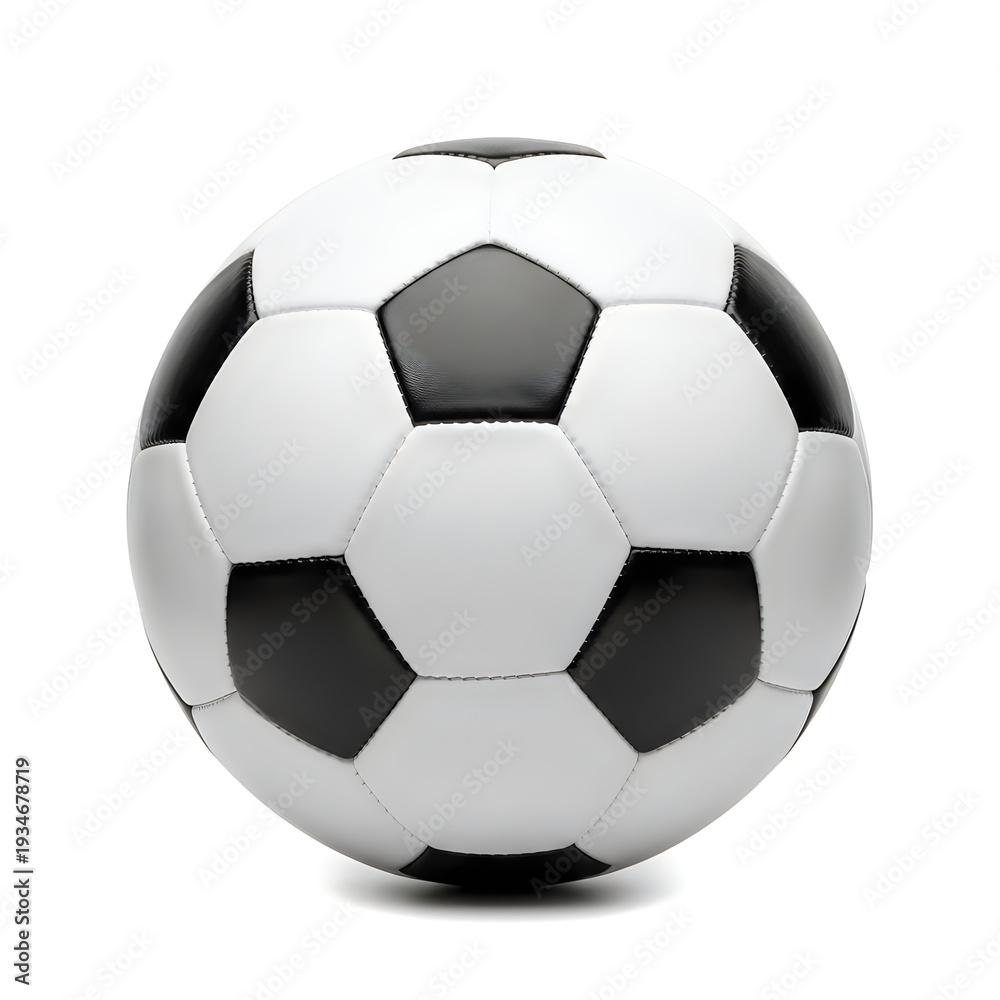 Naklejka premium A classic black and white soccer ball with a textured surface and pentagonal and hexagonal patches isolated on white background