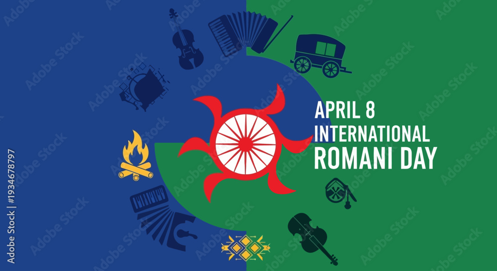 Naklejka premium Vibrant International Romani Day celebration with cultural symbols