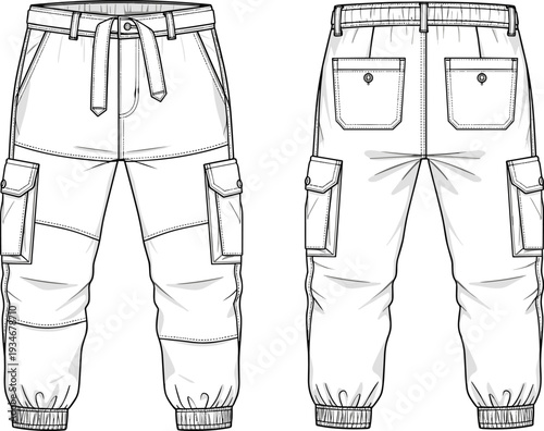Flat vector illustration of cargo jogger pants technical fashion sketch, front and back view, elastic waistband, drawstring, pockets, cuffs