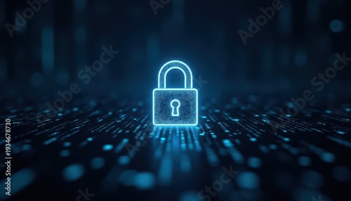 Cyber security concept with glowing digital padlock on binary code background.