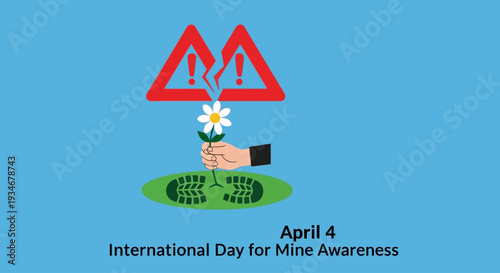 Hand holding flower amidst mine awareness symbols on April 4